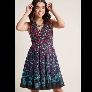 ModCloth Black Midi Dress with Teal, Purple & Magenta Music Note Print